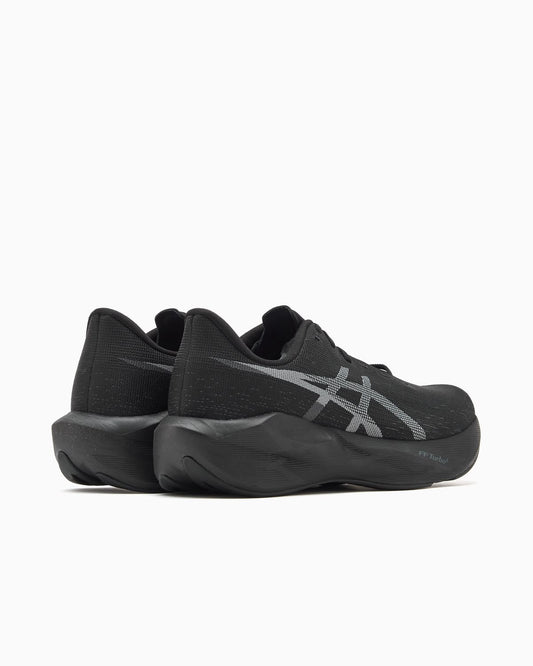Black ASICS NOVABLAST 6 running shoes with a sleek design, featuring breathable mesh and cushioned midsoles for comfort.