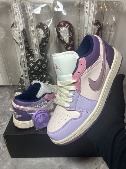Orixa Kicks Air Jordan 1 Low "Pastel Plum" sneakers in lavender and pink with white accents, displayed on a neutral background.
