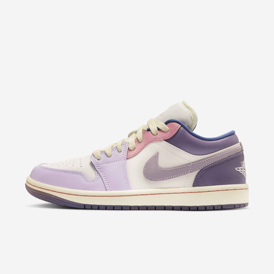 Orixa Kicks Air Jordan 1 Low "Pastel Plum" sneakers featuring pastel purple and pink accents on a white leather sole.