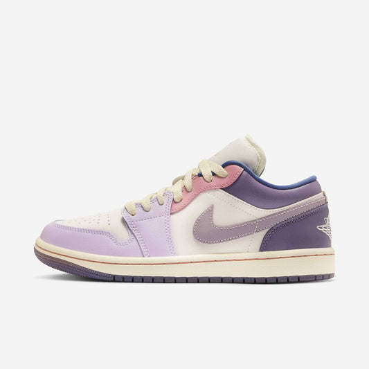 Orixa Kicks Air Jordan 1 Low "Pastel Plum" sneakers featuring pastel purple and pink accents on a white leather sole.
