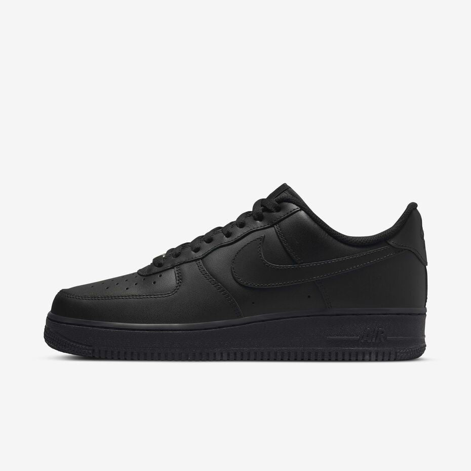 Black Nike Airforce 1 sneakers by Orixa Kicks featuring classic design and white midsole on a plain background.