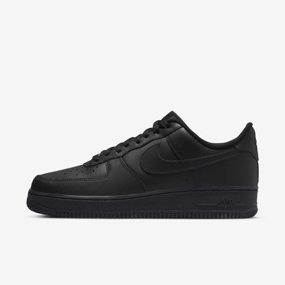 Black Nike Airforce 1 sneakers by Orixa Kicks featuring classic design and white midsole on a plain background.