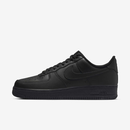 Black Nike Airforce 1 sneakers by Orixa Kicks featuring classic design and white midsole on a plain background.