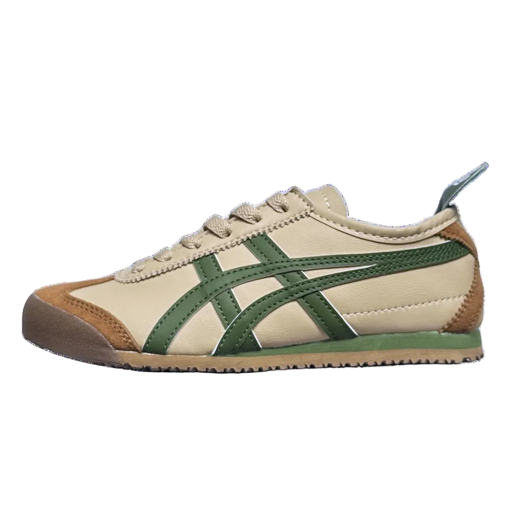 Onitsuka Tiger Mexico 66 sneakers in cream and forest green with white accents, displayed on a neutral background.