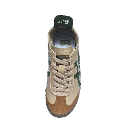 Onitsuka Tiger Mexico 66 sneakers in cream and forest green with white accents, featuring classic design and lacing.