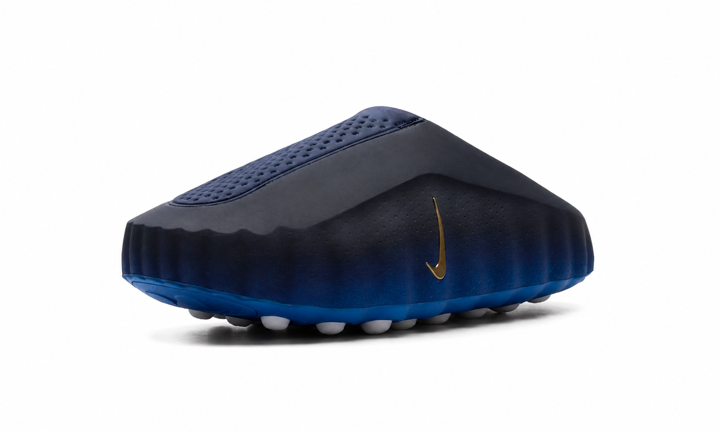 Nike Mind 001 Slide in blackened blue color, featuring comfortable slip-on design with Nike branding and cushioned footbed.