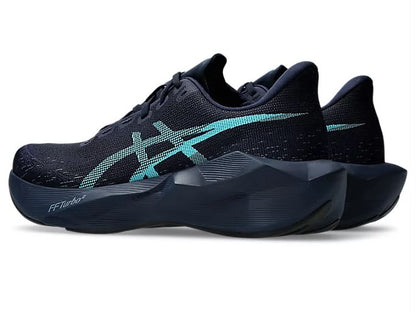 ASICS NOVABLAST 6 running shoes in Midnight and Energy Aqua with a sleek design and breathable mesh upper