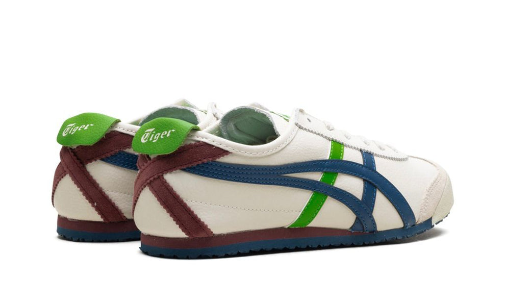 Onitsuka Tiger Mexico 66 sneakers in cream and Mako blue colorway, featuring classic design with white and blue accents.