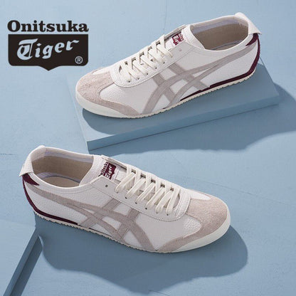 Onitsuka Tiger Mexico 66 sneakers in beige and burgundy, featuring classic design, white sole, and lace-up closure.