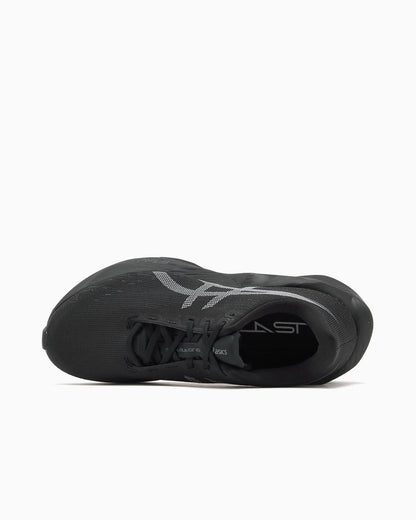 ASICS NOVABLAST 6 running shoes in black with cushioned design, displayed on a neutral background.