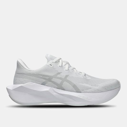 White ASICS NOVABLAST 6 running shoes with foam midsole and mesh upper, featuring ASICS branding and lightweight design.