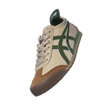 Onitsuka Tiger Mexico 66 sneakers in cream and forest green with white accents, displayed on a plain background.