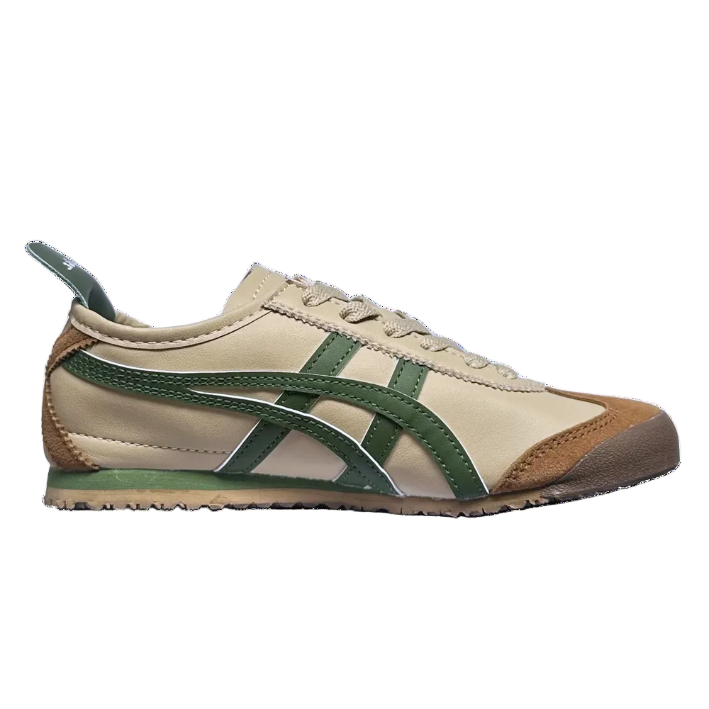 Onitsuka Tiger Mexico 66 sneakers in cream and forest green, featuring classic design and white rubber soles.