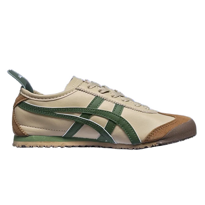 Onitsuka Tiger Mexico 66 sneakers in cream and forest green, featuring classic design and white rubber soles.