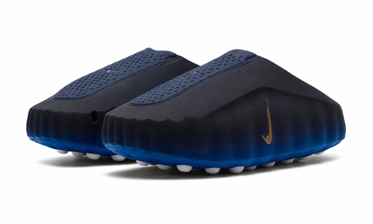 Nike Mind 001 Slide in blackened blue, featuring a sleek design and comfortable strap, ideal for casual wear.