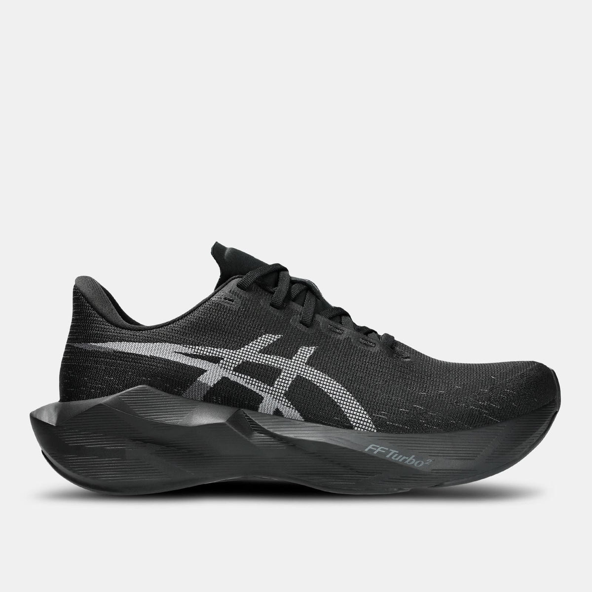 Black ASICS NOVABLAST 6 running shoes with cushioned design, featuring a sleek black upper and supportive sole.
