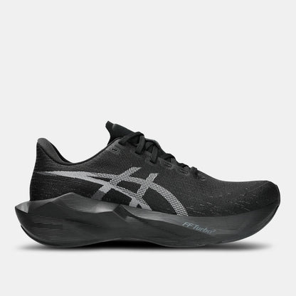 Black ASICS NOVABLAST 6 running shoes with cushioned design, featuring a sleek black upper and supportive sole.