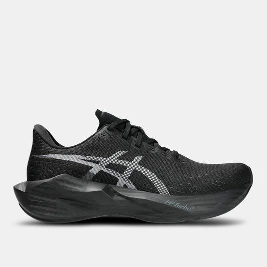 Black ASICS NOVABLAST 6 running shoes with cushioned design, featuring a sleek black upper and supportive sole.