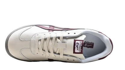 Onitsuka Tiger Tokuten sneakers in white, burgundy, and grey with leather and textile upper and classic running shoe design.